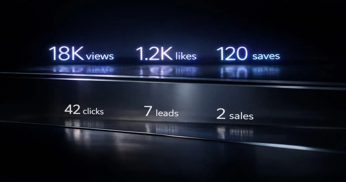 لوحة تحليل احترافية لقياس تحويل مشاهدات الريلز إلى نقرات ورسائل ومبيعات، توضح أن النجاح الحقيقي لا يقاس بالوصول فقط بل بما يحدث بعد المشاهدة