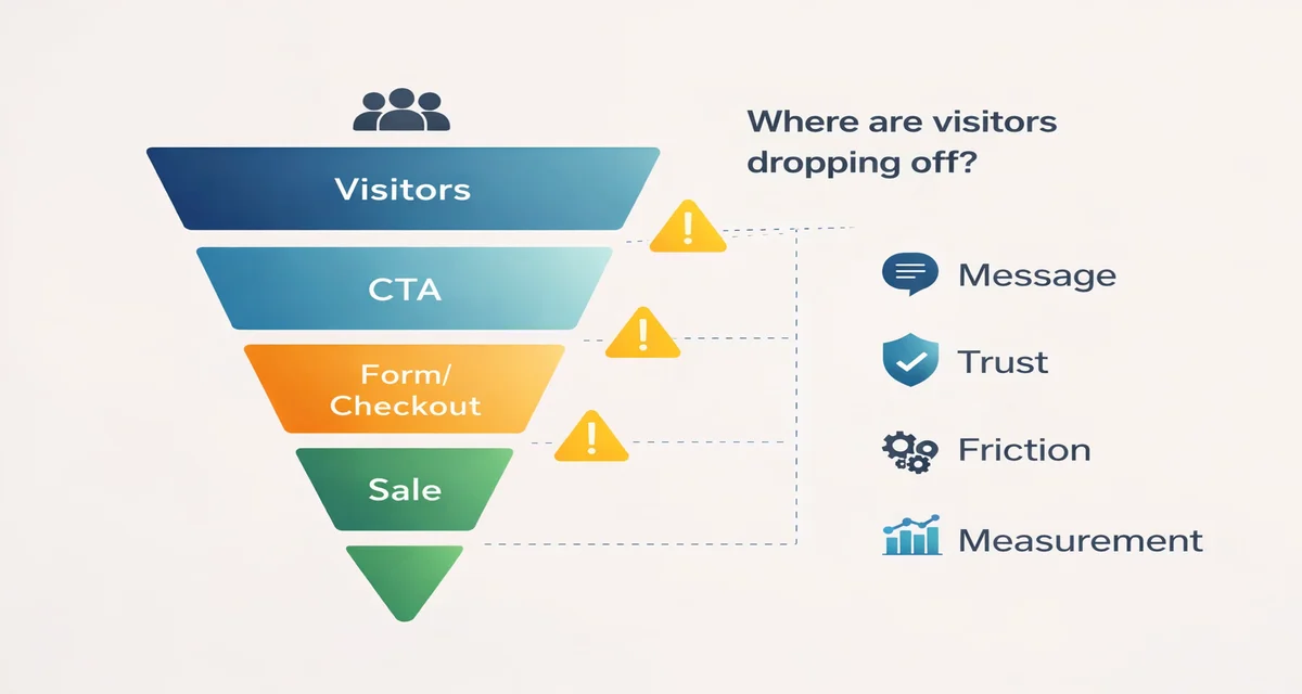 مخطط Funnel يوضح مراحل التحويل من الزيارة إلى الضغط على CTA ثم إكمال النموذج أو الدفع