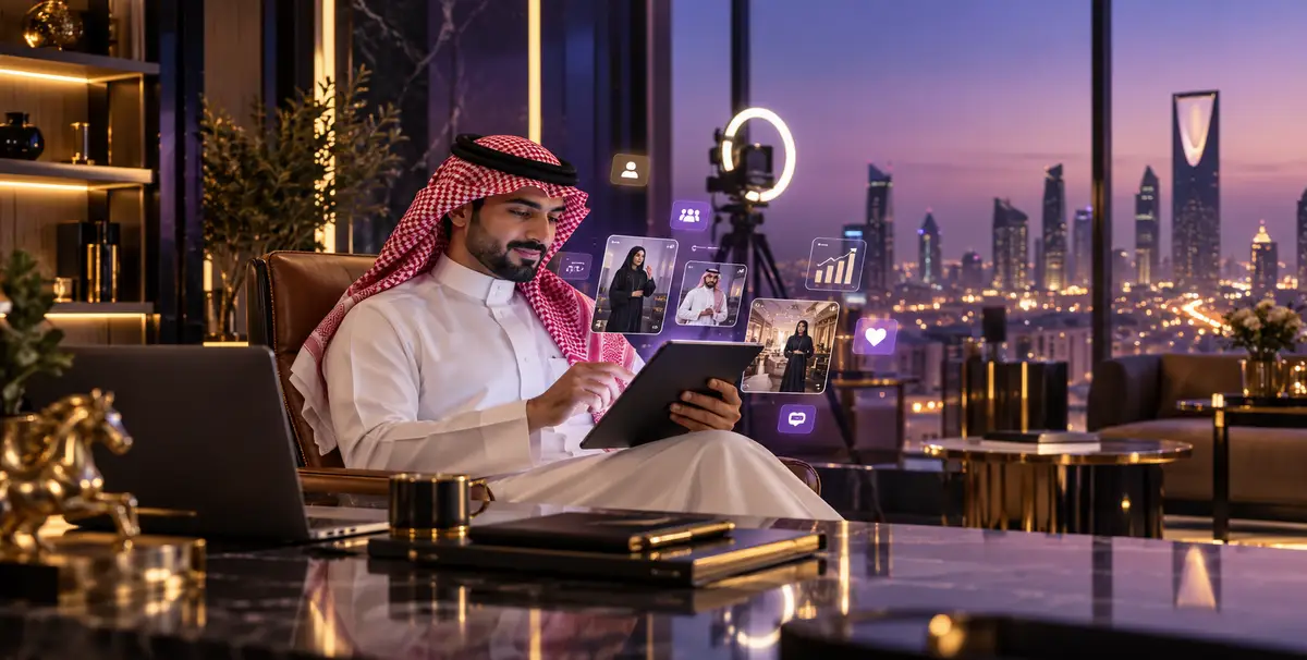 صانعة محتوى سعودية تعمل أمام كاميرا مع إضاءة تصوير لإنتاج إعلان مؤثرين