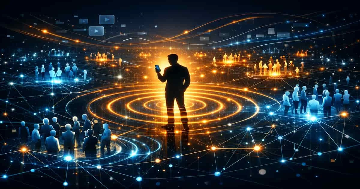 رسم مفاهيمي يوضح اقتصاد المؤثرين وانتشار الأفكار عبر شبكات التواصل الاجتماعي حيث ينتقل المنتج من المؤثر إلى الجمهور عبر شبكة ثقة اجتماعية مترابطة