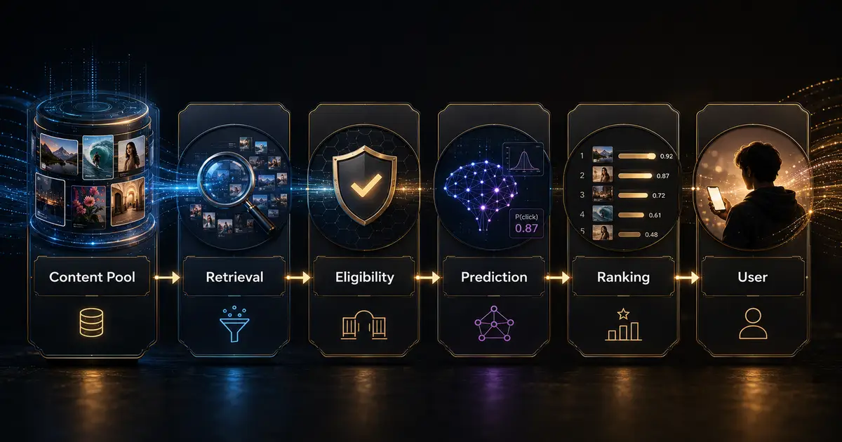 مراحل عمل نظام توصيات انستقرام من تجميع المحتوى والاسترجاع والأهلية إلى التنبؤ والترتيب واختيار المحتوى المناسب للمستخدم