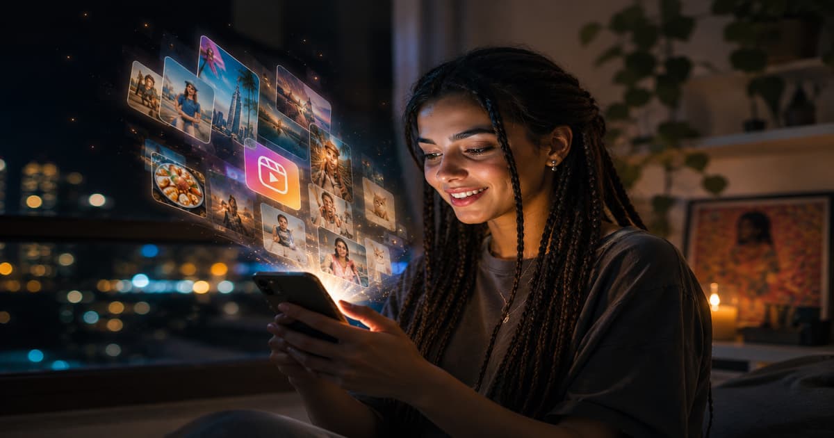 صانعة محتوى عربية في دبي تستخدم إنستاغرام ريلز للوصول إلى الإكسبلور مع أجواء سينمائية تعبر عن انتشار المحتوى وزيادة المشاهدات والتفاعل