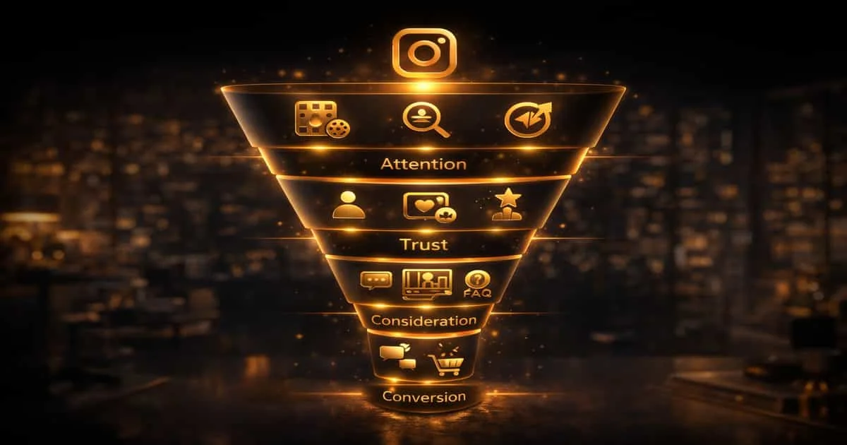 مخطط يوضح كيف يتحول محتوى انستقرام إلى أرباح عبر مراحل جذب الانتباه وبناء الثقة وإزالة الاعتراضات ثم الدعوة إلى الإجراء والتحويل إلى عميل