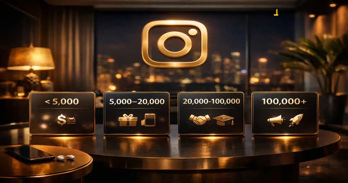 رسم توضيحي يشرح عدد المتابعين المطلوب للربح من انستقرام ويقارن بين الحسابات الصغيرة والمتوسطة والكبيرة وأفضل طرق الربح المناسبة لكل مستوى