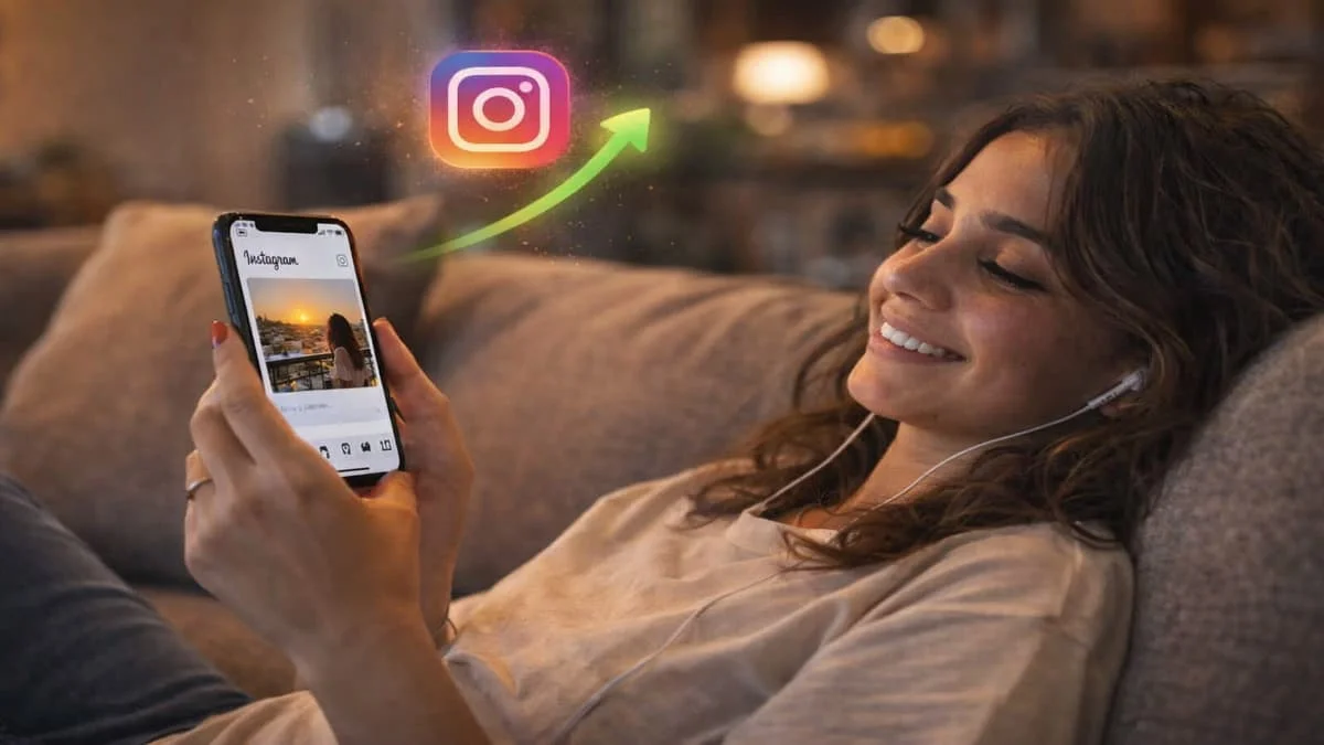 الربح من انستقرام 2026: صانعة محتوى تستخدم إنستقرام على الهاتف وهي مسترخية وسعيدة أثناء تحقيق دخل من المنصة