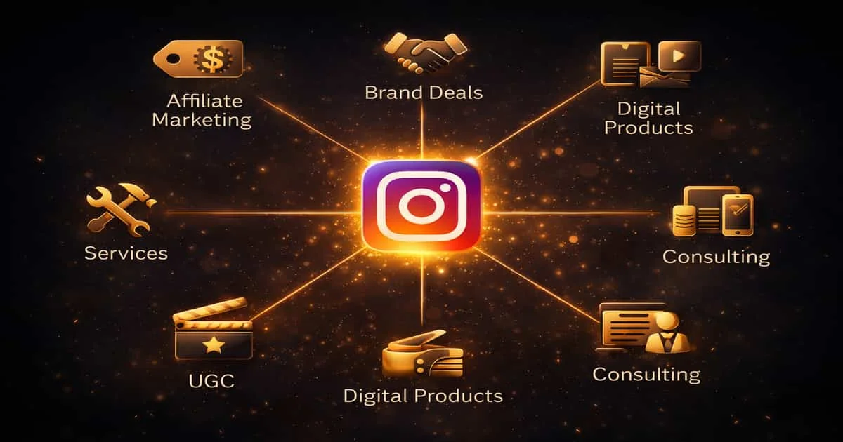 مخطط يوضح أهم طرق الربح من انستقرام مثل العمولة والرعايات وبيع الخدمات والمنتجات الرقمية