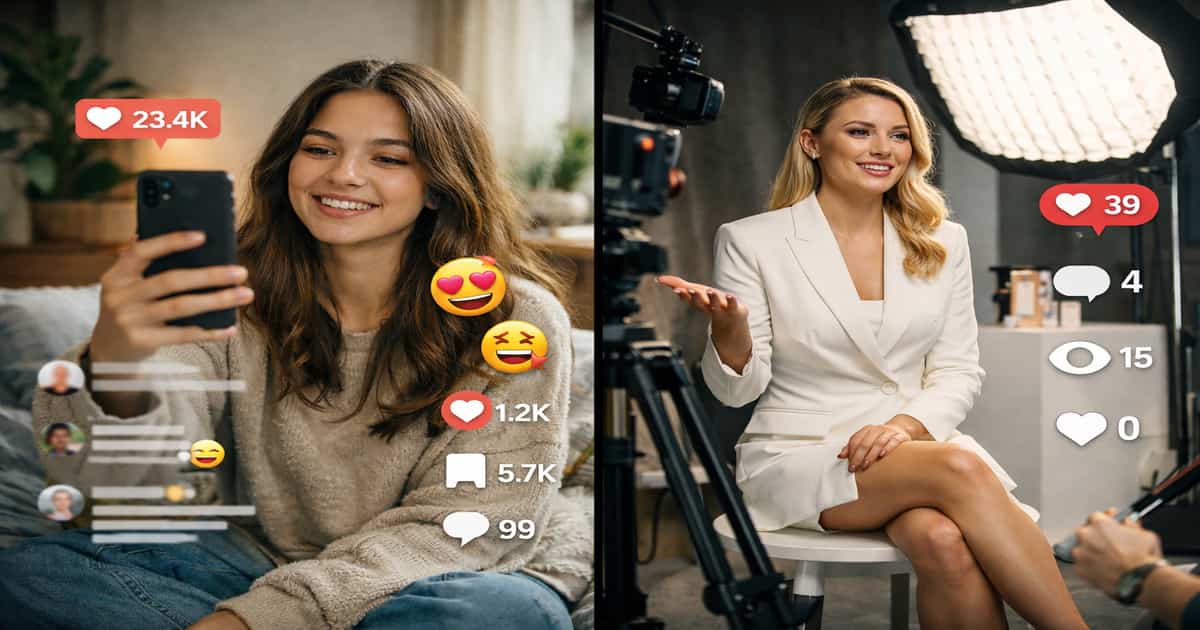 الفرق بين المحتوى الشخصي ومحتوى الشركات على تيك توك: منشئ محتوى يصوّر فيديو عمودي طبيعي بالهاتف مع تفاعل وتعليقات، مقابل إعلان شركة مصقول يبدو ترويجيًا ويحقق تفاعلًا أقل