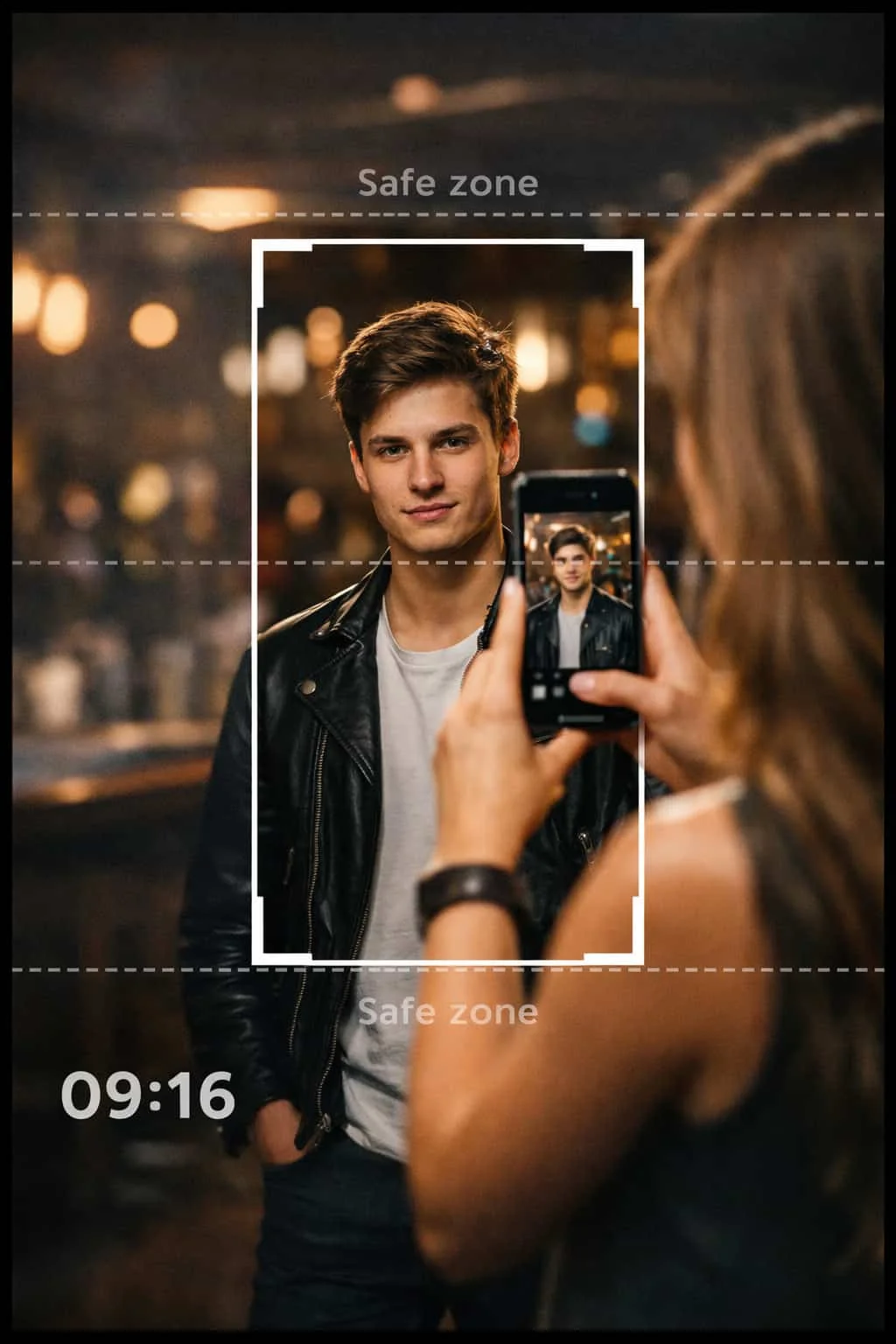 تكوين تصوير الريلز العمودي 9:16 باستخدام الهاتف مع تمركز الوجه داخل الكادر ومساحات آمنة للنصوص