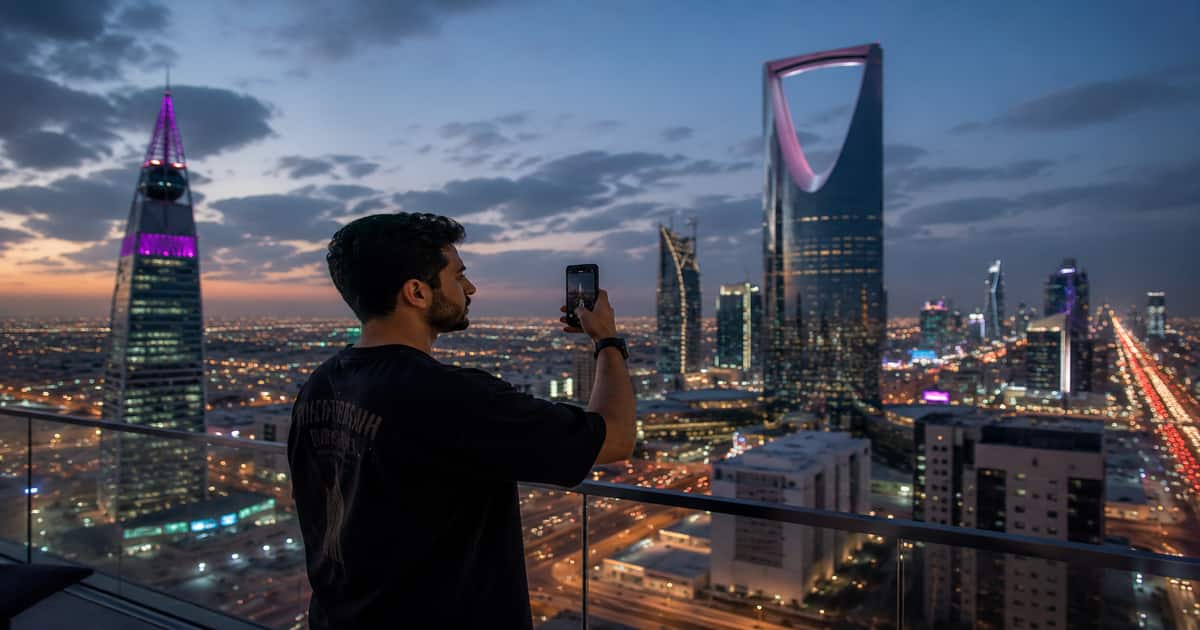 صانع محتوى سعودي في الرياض يوثق محتوى رقمي أمام أفق المدينة في مشهد يعبر عن صناعة الترندات في السعودية