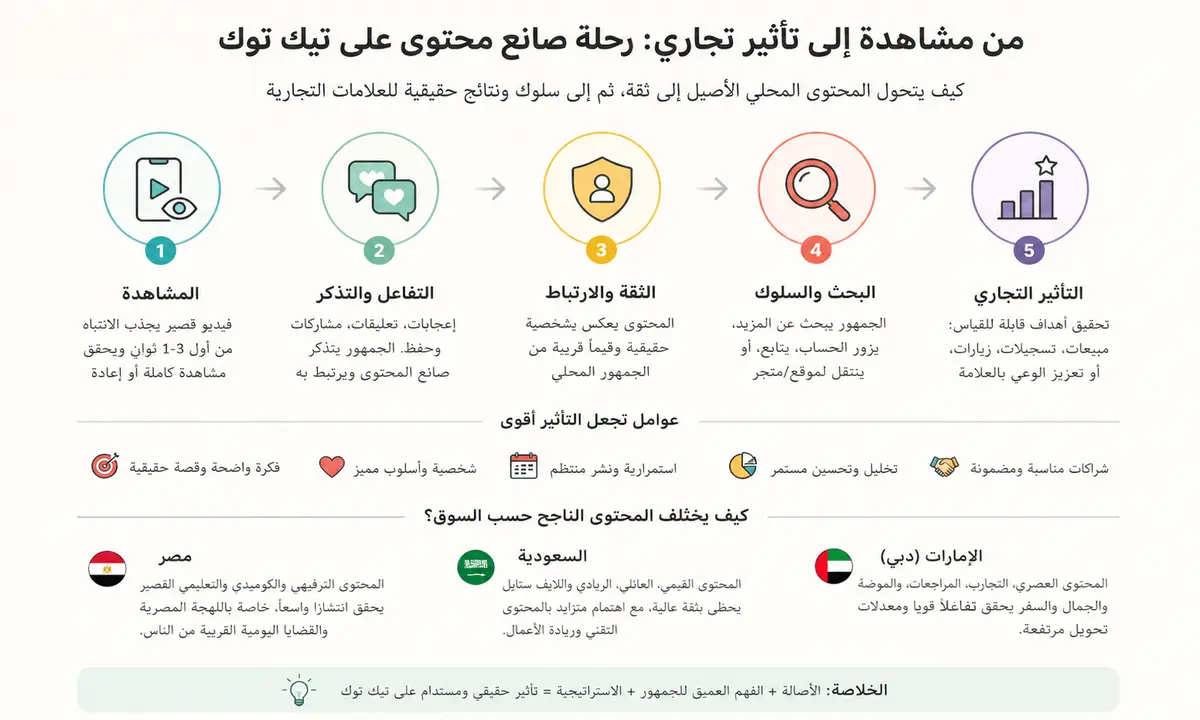 من المشاهدة إلى الثقة ثم التأثير على تيك توك مخطط يوضح انتقال صانع المحتوى على تيك توك من المشاهدة إلى الثقة ثم التأثير التجاري في السعودية ودبي ومصر
