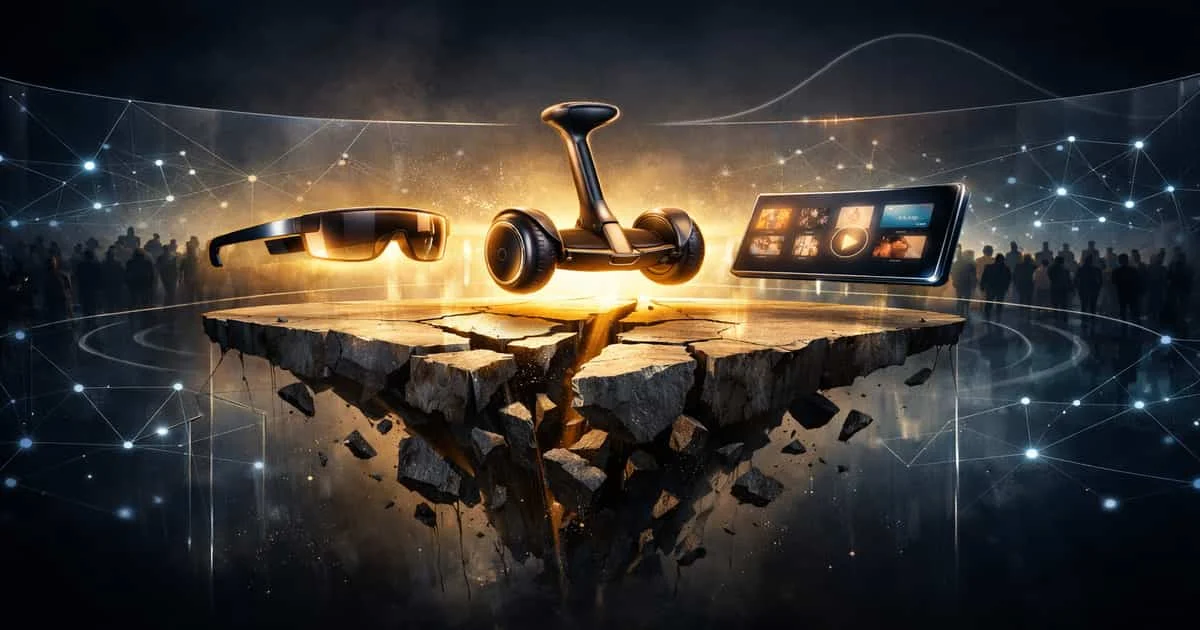 تصور مفاهيمي يوضح فشل بعض الأفكار المبتكرة رغم قوتها مثل Google Glass وSegway وQuibi بسبب فجوة بين الابتكار والسوق وعدم تبني الجمهور