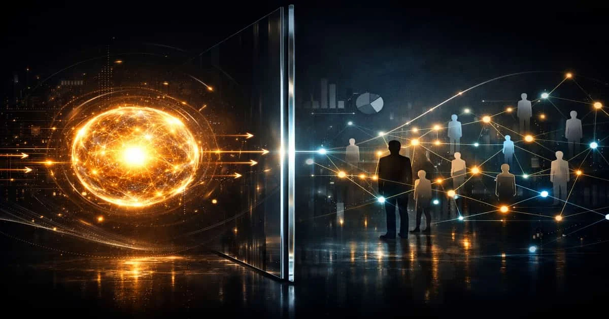 رسم مفاهيمي يوضح فجوة توزيع الفكرة بين ابتكار قوي وجمهور مترابط عبر شبكة اجتماعية رقمية، تعبير عن أخطاء التسويق التي تمنع وصول الأفكار الجيدة إلى السوق