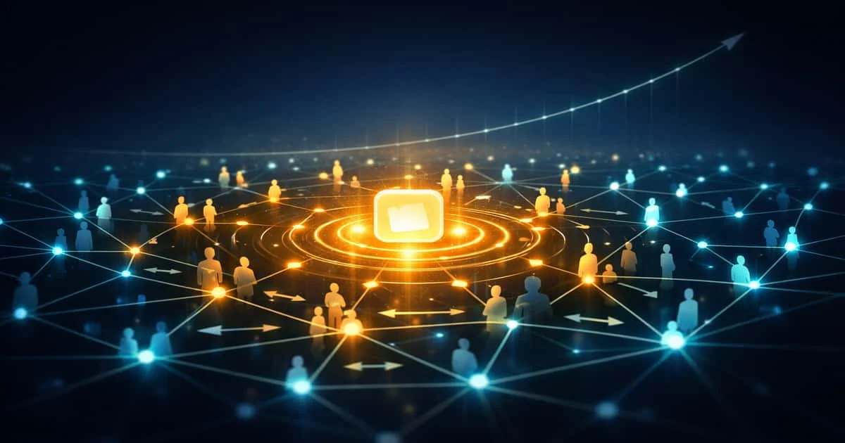 رسم مفاهيمي يوضح انتشار فكرة مبتكرة عبر شبكة اجتماعية مترابطة من المستخدمين، مع خطوط اتصال ونقاط شبكة تمثل تبني السوق وانتقال الابتكار بين الناس