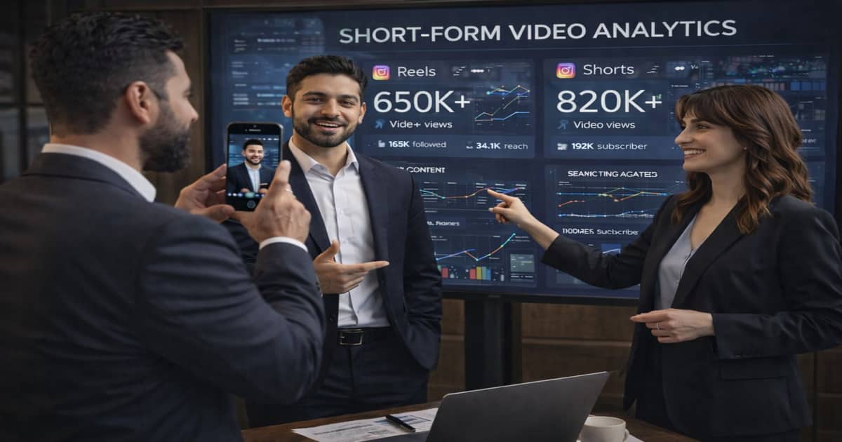 Digital marketing team presenting short-form video strategy and social media analytics dashboard for 2026 campaigns