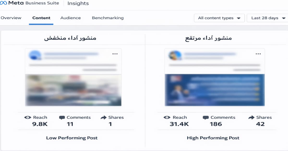 مثال من إحصاءات فيسبوك يوضح الفرق بين منشور منخفض الوصول ومنشور مرتفع الوصول