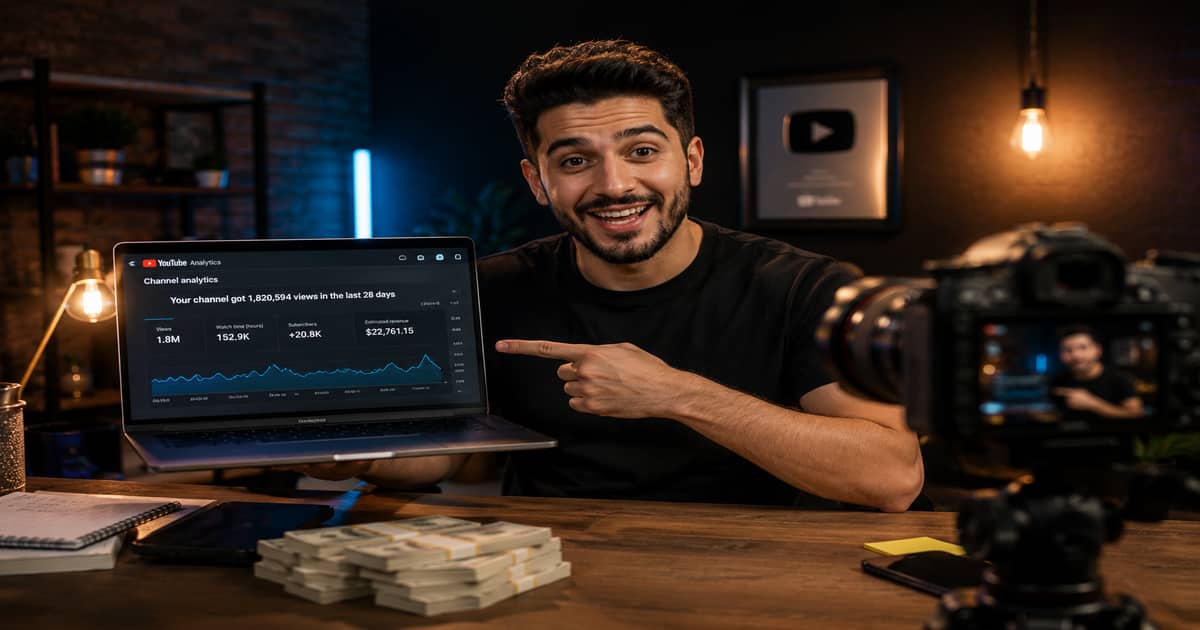 يوتيوبر عربي يعمل على قناته داخل استوديو احترافي ويحقق أرباحاً من يوتيوب