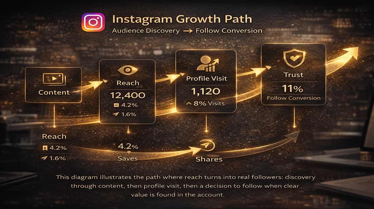 مخطط يوضح كيف تتحول المشاهدة إلى متابعة لزيادة متابعين انستقرام من الوصول إلى زيارة الملف الشخصي ثم المتابعة