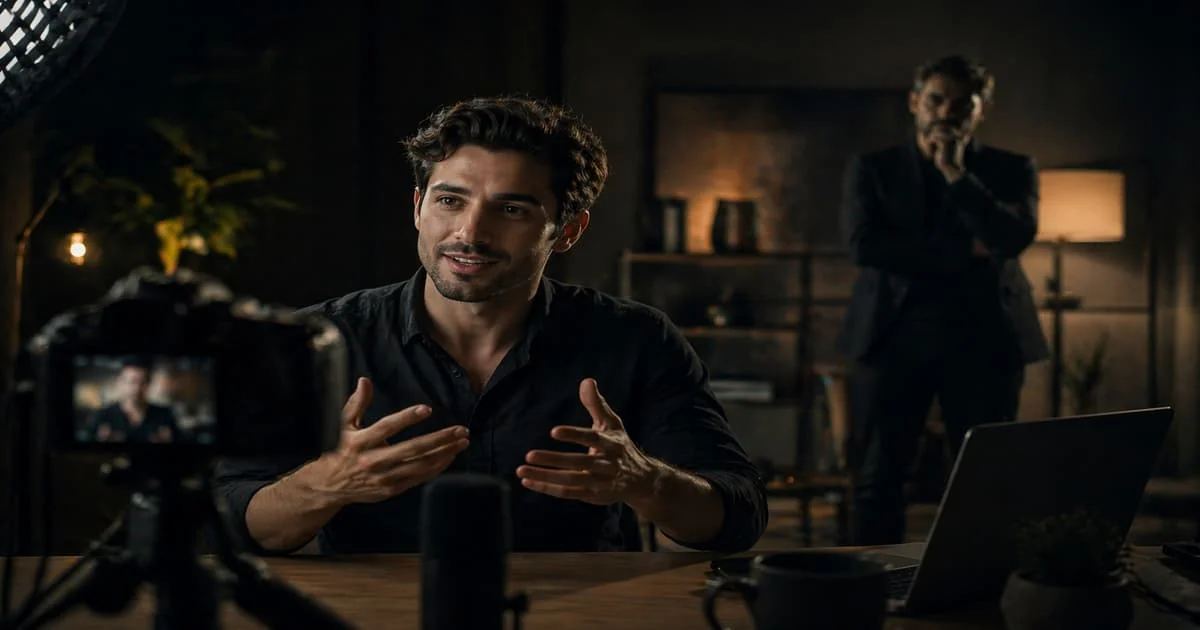 مشهد سينمائي لصانع محتوى أمام الكاميرا يبدو واثقًا، بينما يقف في الخلف شخص آخر يراقب بصمت، في تجسيد لفكرة أن صاحب الحساب لا يرى نفسه كما يراه السوق وأن هناك عينًا ثانية تفهم الصورة من الخارج