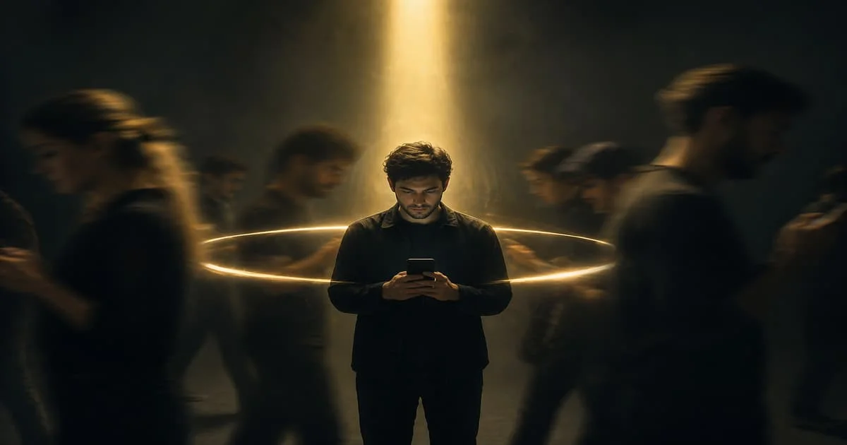 مشهد سينمائي يعكس الفرق بين صانع محتوى يعمل وحده بعشوائية أمام الكاميرا، وشخص آخر في الخلف يراقب بصمت ويحلل حضوره، في تجسيد بصري لوجود العين الثانية التي تحوّل النشاط إلى قيمة واستراتيجية واضحة