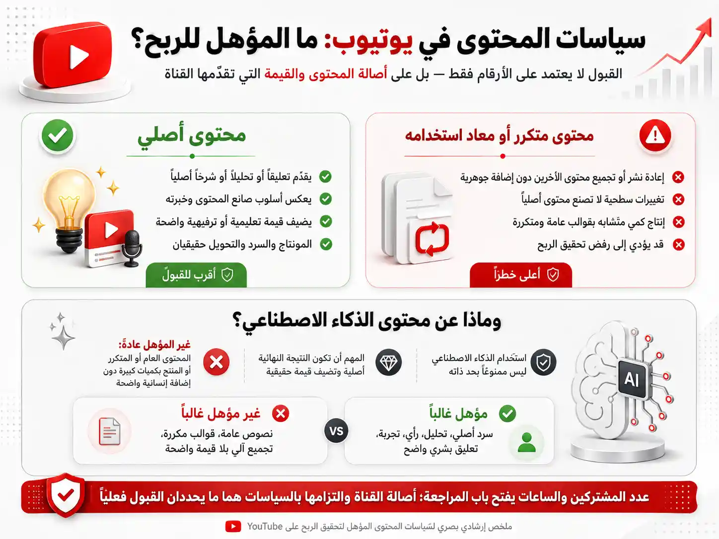 سياسات تحقيق الربح من يوتيوب: الفرق بين المحتوى الأصلي والمحتوى المعاد استخدامه ومحتوى الذكاء الاصطناعي
