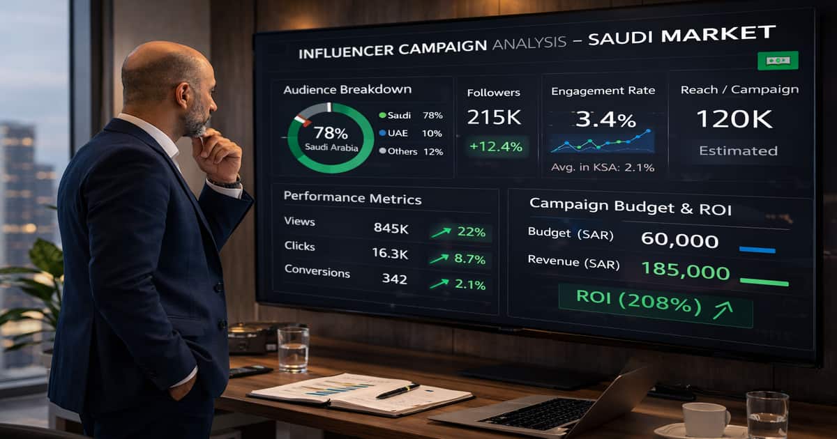 مدير تسويق عربي خبير يحلل بيانات جمهور المؤثر ونسبة التفاعل ومؤشرات الحملة قبل اختيار المؤثر في السعودية