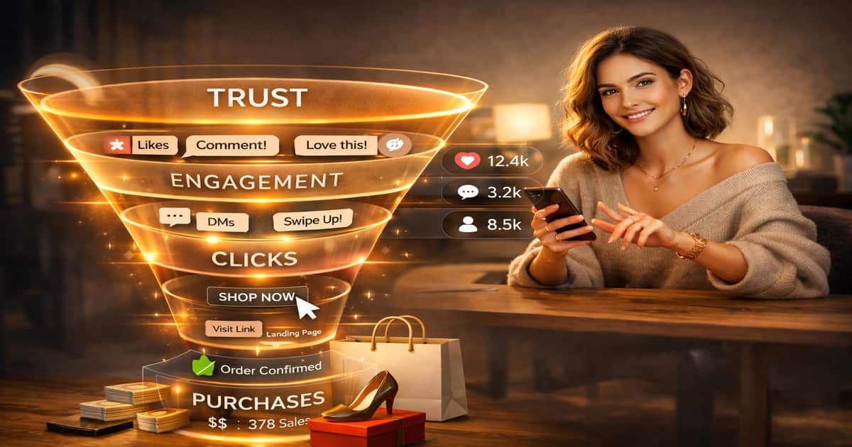 مسار التسويق عبر المؤثرين من بناء الثقة مع الجمهور إلى الزيارات ثم تحقيق التحويل والمبيعات