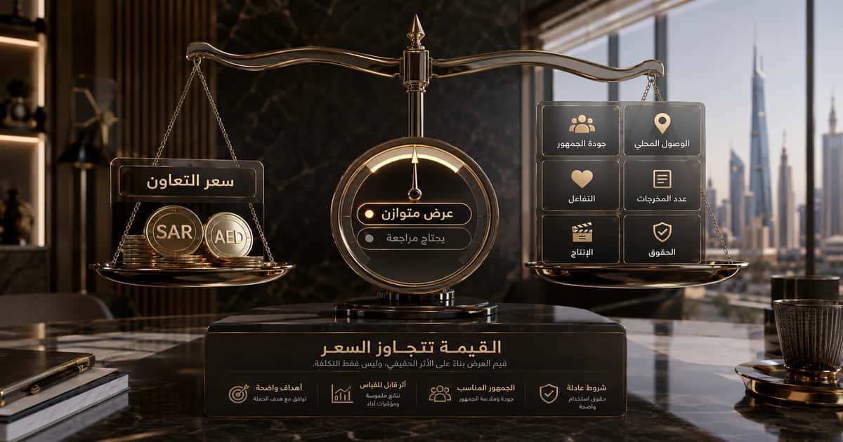 إطار تقييم سعر إعلان المؤثر في السعودية والإمارات حسب الهدف والجمهور والمشاهدات والحقوق والقياس