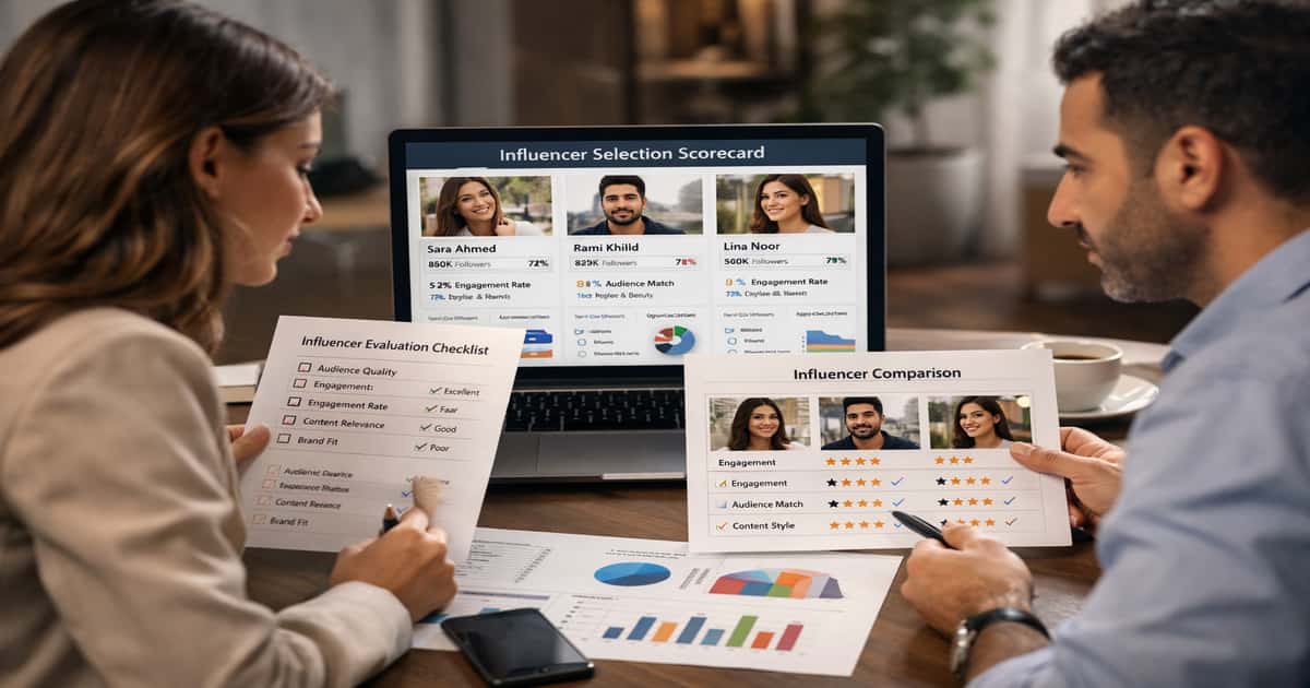 تحليل واختيار المؤثر المناسب بناءً على جودة الجمهور ونسبة التفاعل ومصداقية المحتوى قبل إطلاق الحملة التسويقية