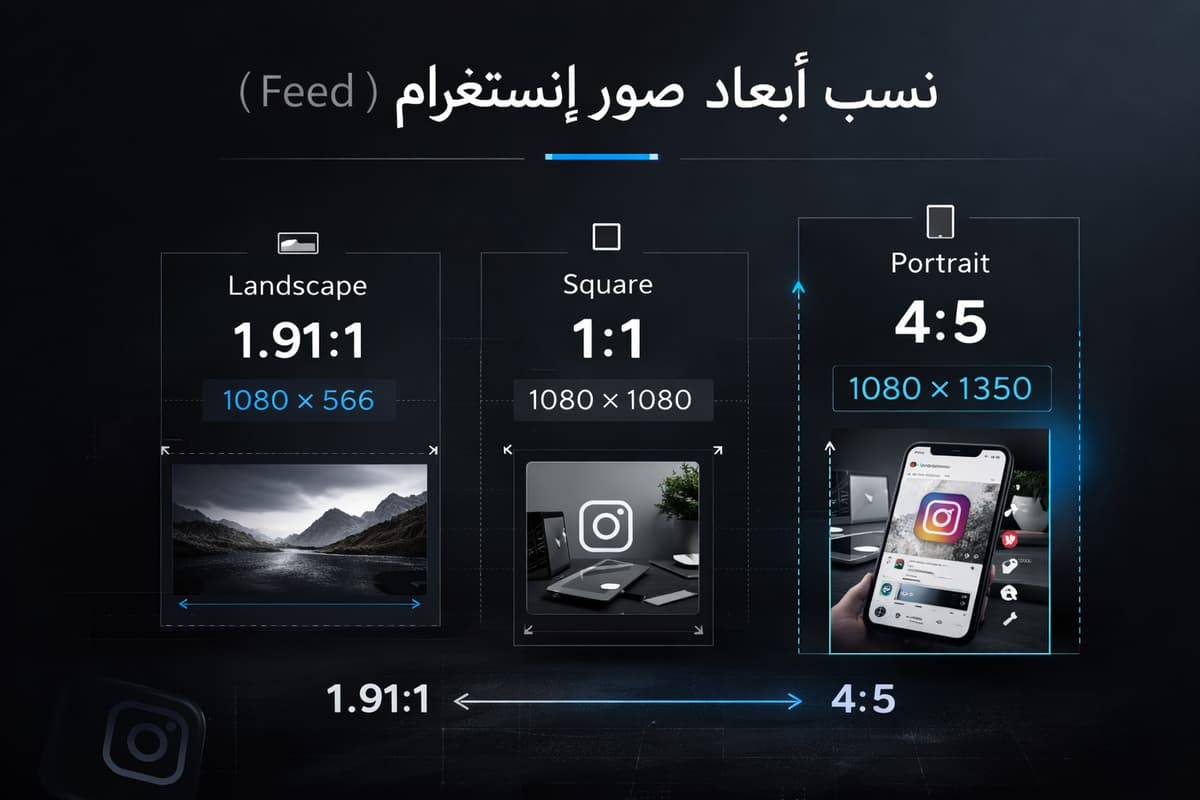 نطاق نسب الأبعاد المقبولة في إنستغرام للفيد من 1.91:1 إلى 4:5 مع أمثلة 1080px