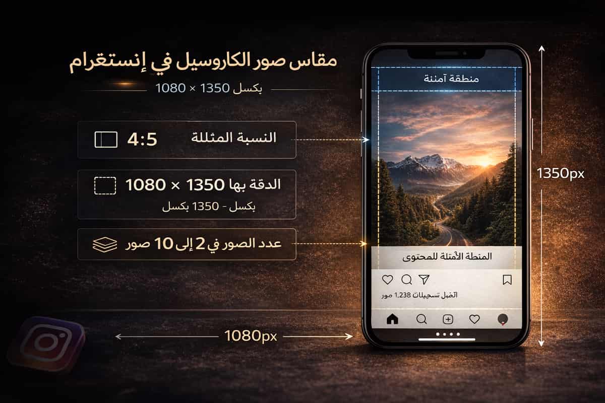 مقاس كاروسيل انستغرام 1080x1350 (4:5) مع توزيع نص آمن داخل المنتصف