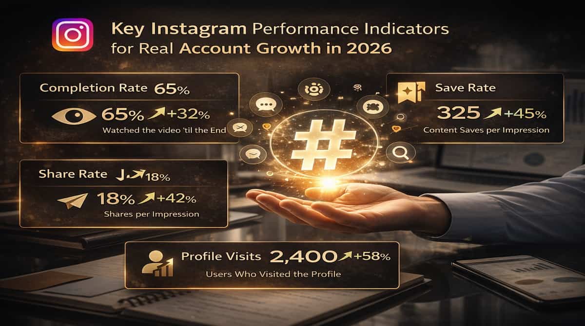 لوحة تحليل لمؤشرات نمو إنستغرام مثل معدل إكمال المشاهدة والحفظ والمشاركة وزيارات الملف الشخصي