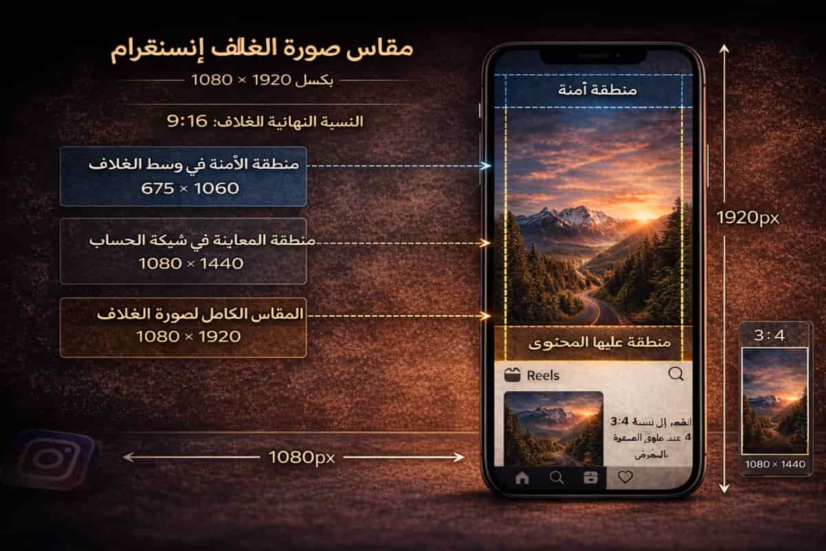 مقاس غلاف ريلز انستغرام 1080x1920 مع توضيح قص المعاينة داخل الشبكة وكيفية وضع النص في منطقة آمنة