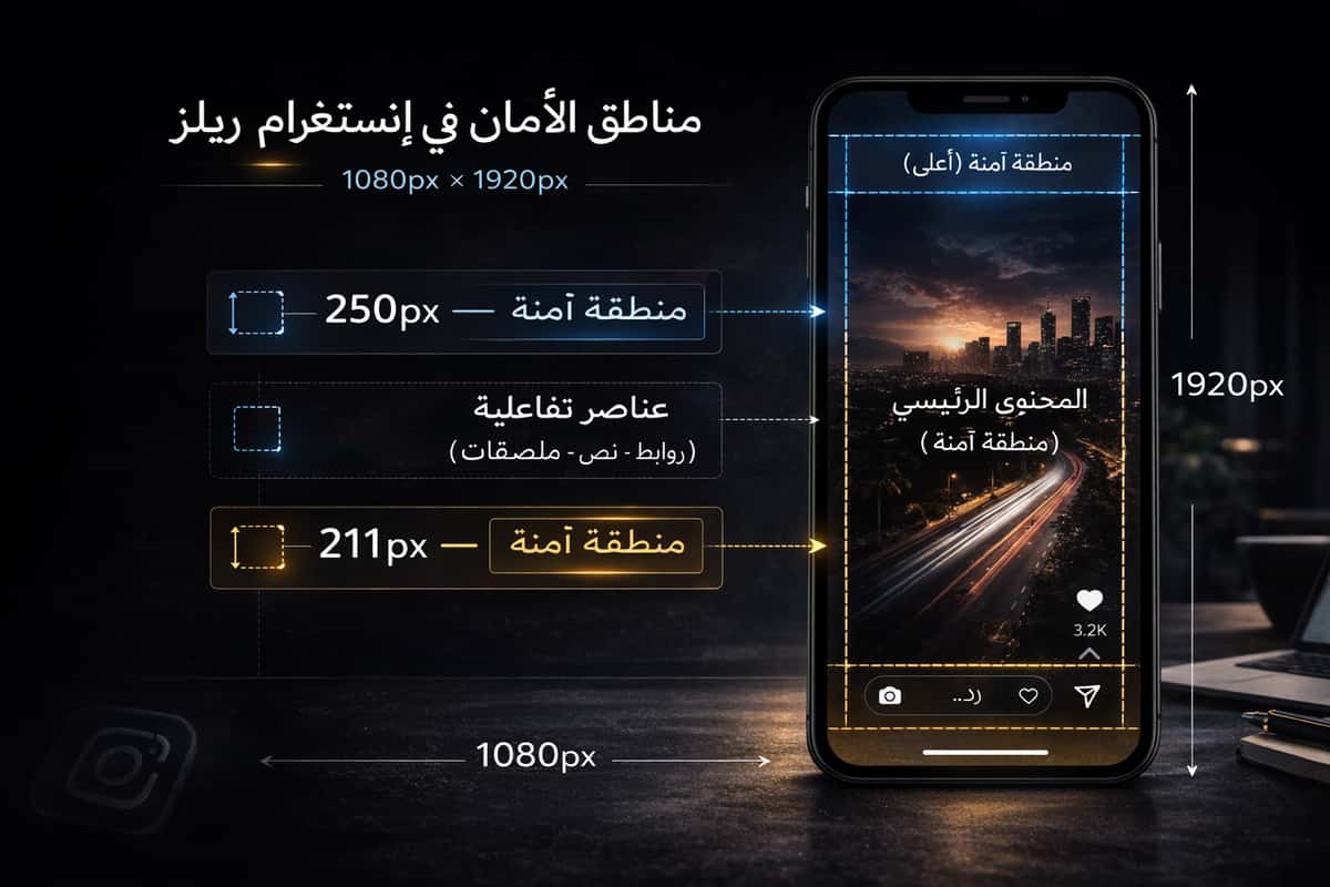 Safe Zones انستغرام لريلز 1080x1920 بالأرقام: منطقة آمنة للنص والعناوين بعيدًا عن الأزرار