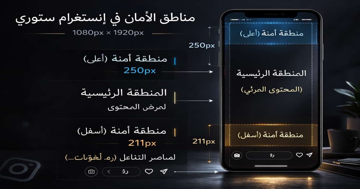 Safe Zones انستغرام لستوري 1080x1920 بالأرقام: مناطق آمنة للنص والCTA لتجنب تغطية الواجهة
