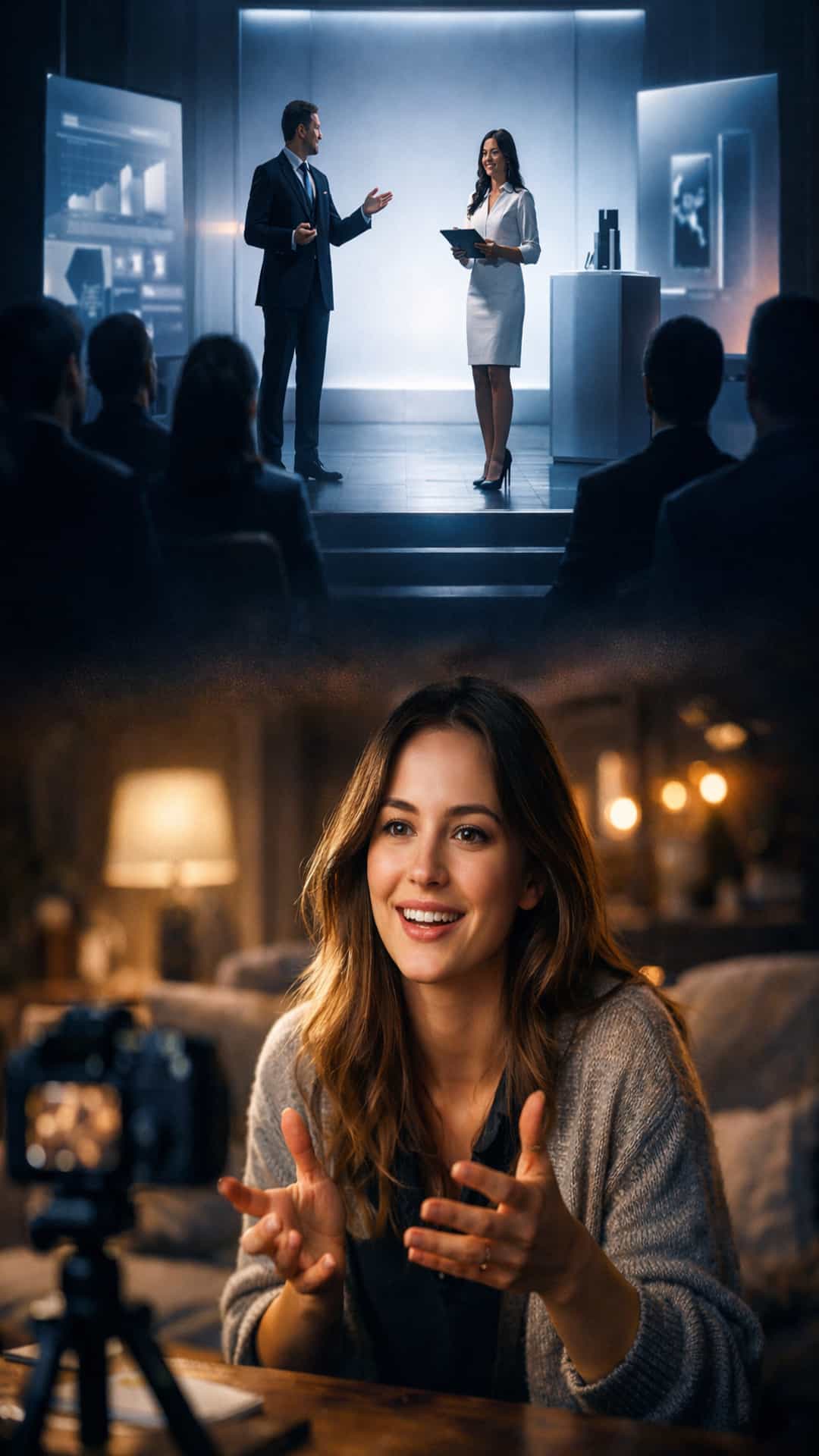 مقارنة بصرية بين محتوى مؤسسي إعلاني ومحتوى شخصي إنساني يوضح انخفاض مقاومة الإقناع عند الحضور البشري