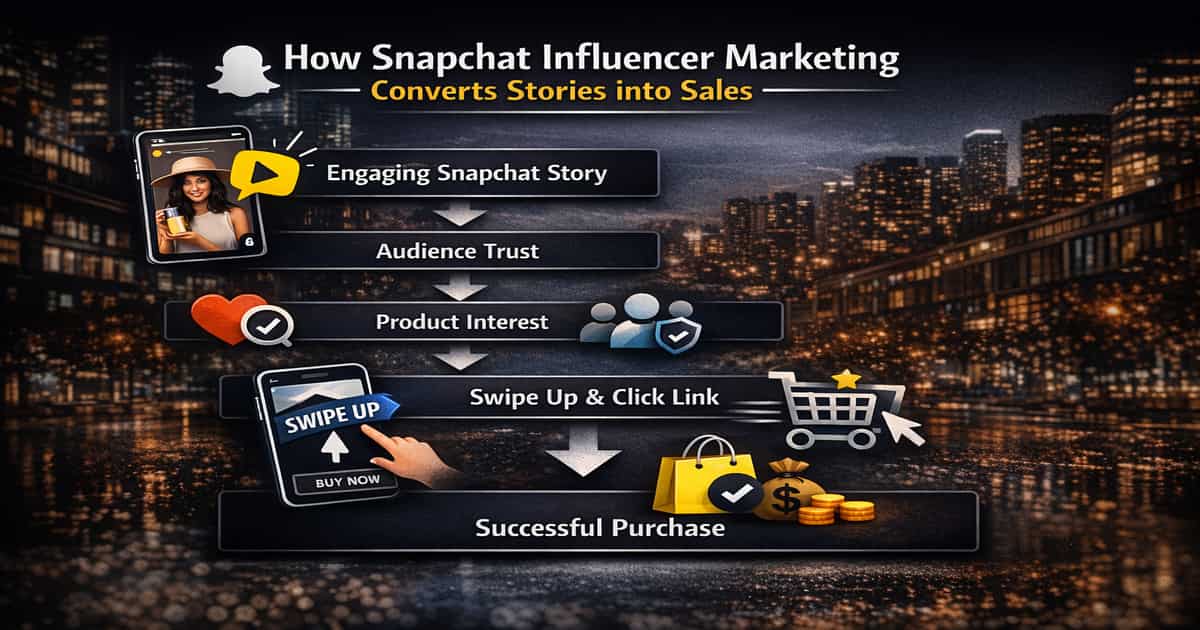 سناب شات والتسويق عبر المؤثرين: مخطط يوضح كيف تتحول قصص سناب شات اليومية إلى مبيعات عبر الثقة بالمؤثر ثم الاهتمام بالمنتج ثم النقر على الرابط وإتمام عملية الشراء