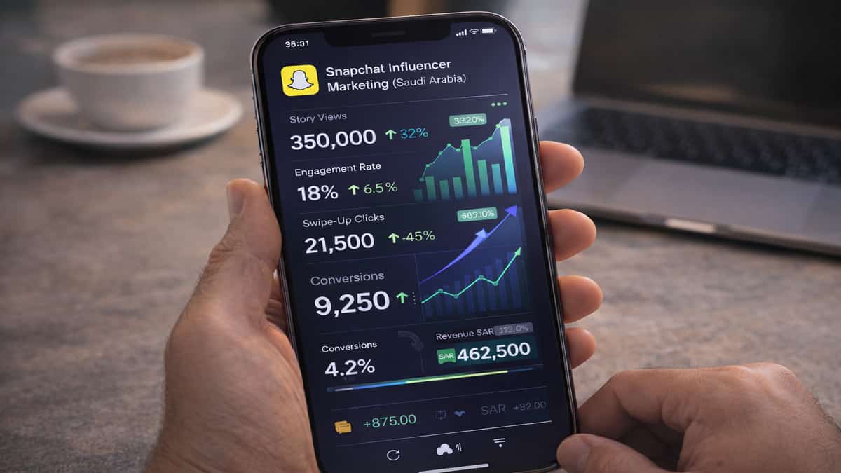 Smartphone showing Snapchat influencer marketing analytics in Saudi Arabia with story views engagement rate swipe-up clicks conversions and revenue metrics