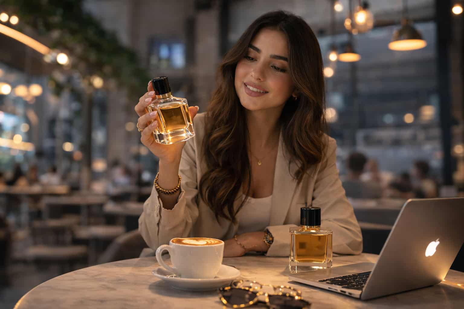 Arab influencer presenting a perfume while recording a Snapchat story in a lifestyle cafe setting