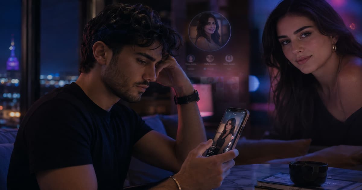 شاب لبناني يشاهد صانعة محتوى على هاتفه ليلًا بينما تتحول صورتها من فيديو عابر إلى حضور مألوف في الذاكرة، في تعبير عن رحلة الانتباه على تيك توك من المشاهدة إلى المتابعة والتأثير