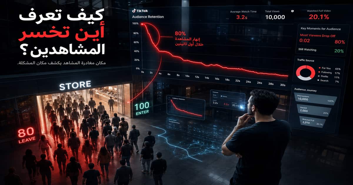 رسم بصري يشرح كيف يكشف Audience Retention مكان خسارة المشاهدين في فيديو تيك توك