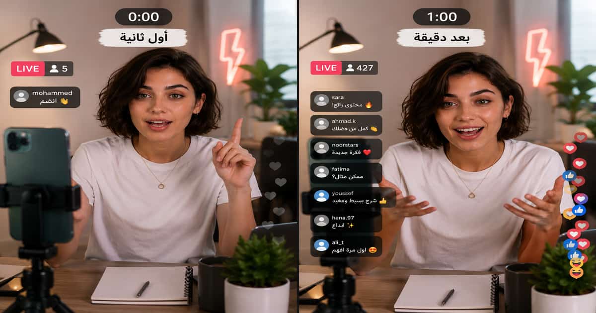 مقارنة تفاعل بث تيك توك في أول ثانية وبعد دقيقة مع ارتفاع المشاهدات والتعليقات