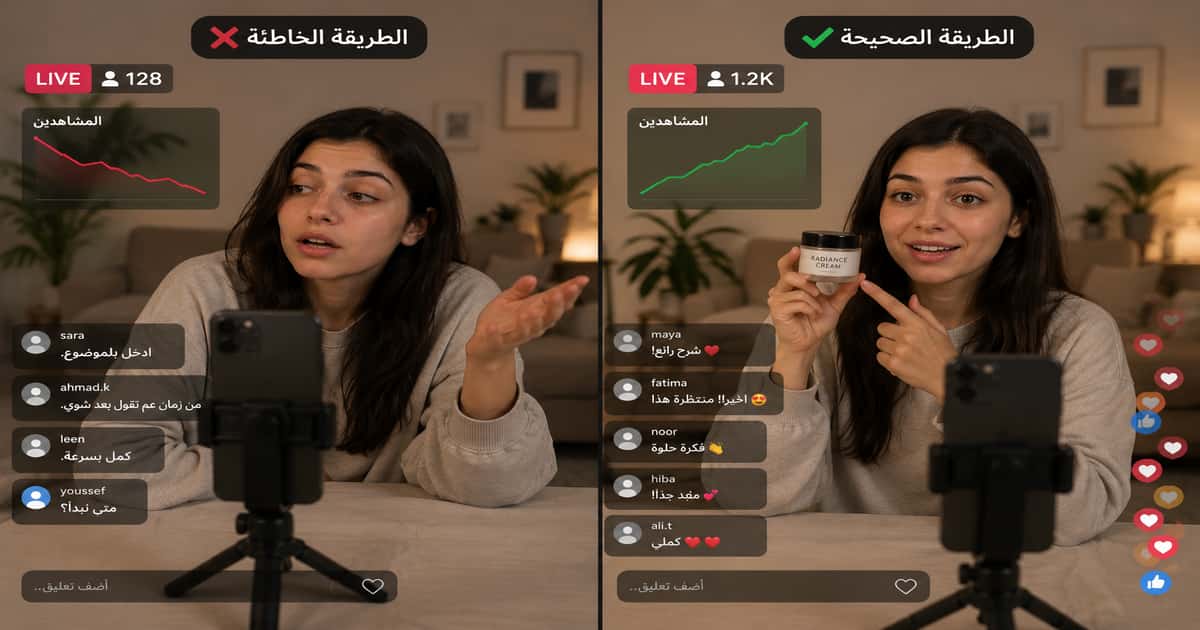 مقارنة بين بث تيك توك مباشر يسبب مغادرة المشاهدين وبث يحافظ على التفاعل ويزيد الاحتفاظ بالمشاهد