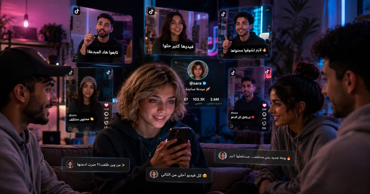 مجموعة صناع محتوى عرب يتفاعلون مع بعضهم على تيك توك في تعبير عن شبكة المبدعين والإثبات الاجتماعي وتسارع شهرة الحساب