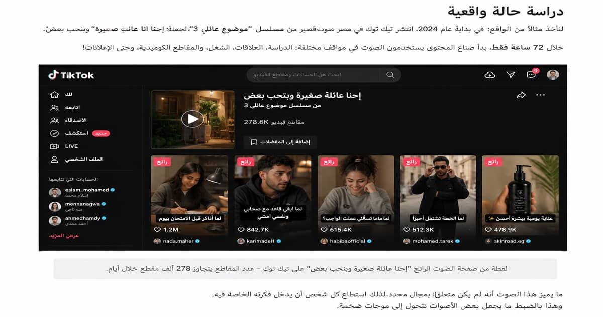 مثال بصري يوضح كيف يتحول صوت رائج على تيك توك إلى قالب يستخدمه صناع المحتوى في الدراسة والعلاقات والعمل والإعلانات