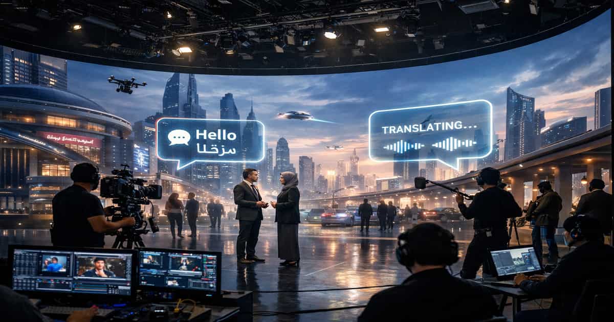 استوديو Virtual Production مع شاشة LED ضخمة وفريق تصوير